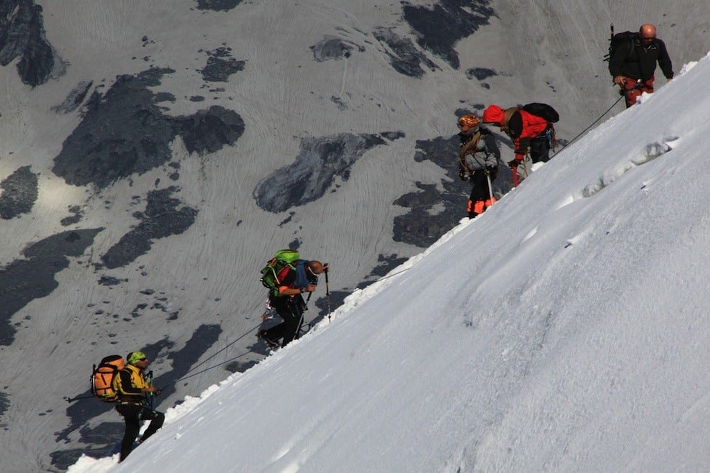 Climbers work up Europe's highest peak Mont-Blanc. 