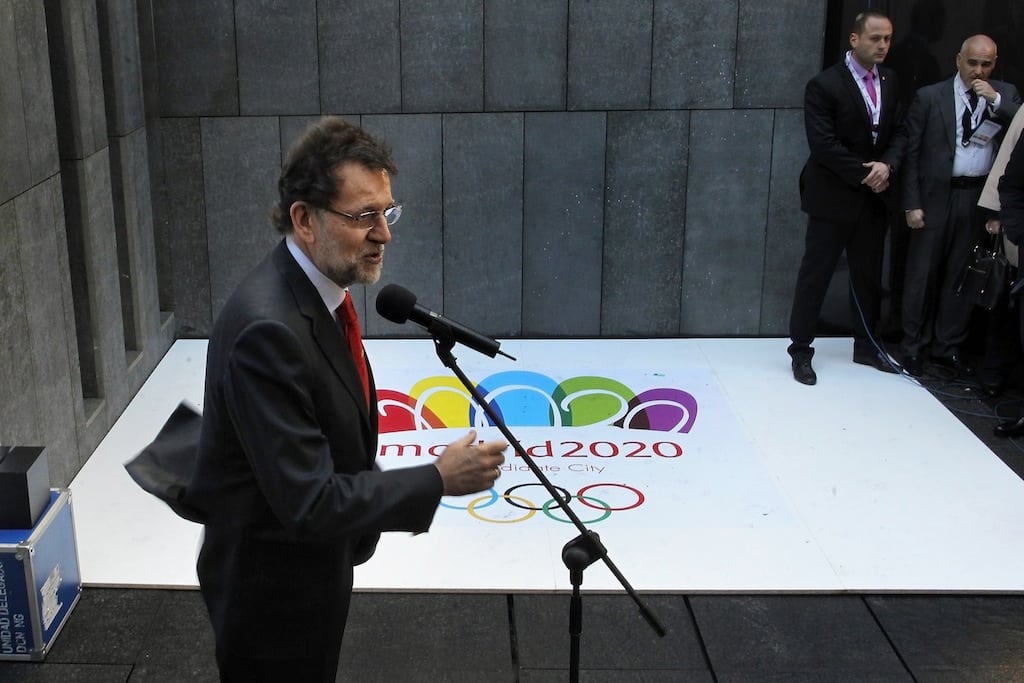 Spanish Prime Minister Mariano Rajoy speaks to the press after a meeting with the International Olympic Committee during the first day of an inspection tour for the candidate city of the 2020 Olympic Games in Madrid, Spain, Monday, March 18, 2013. 