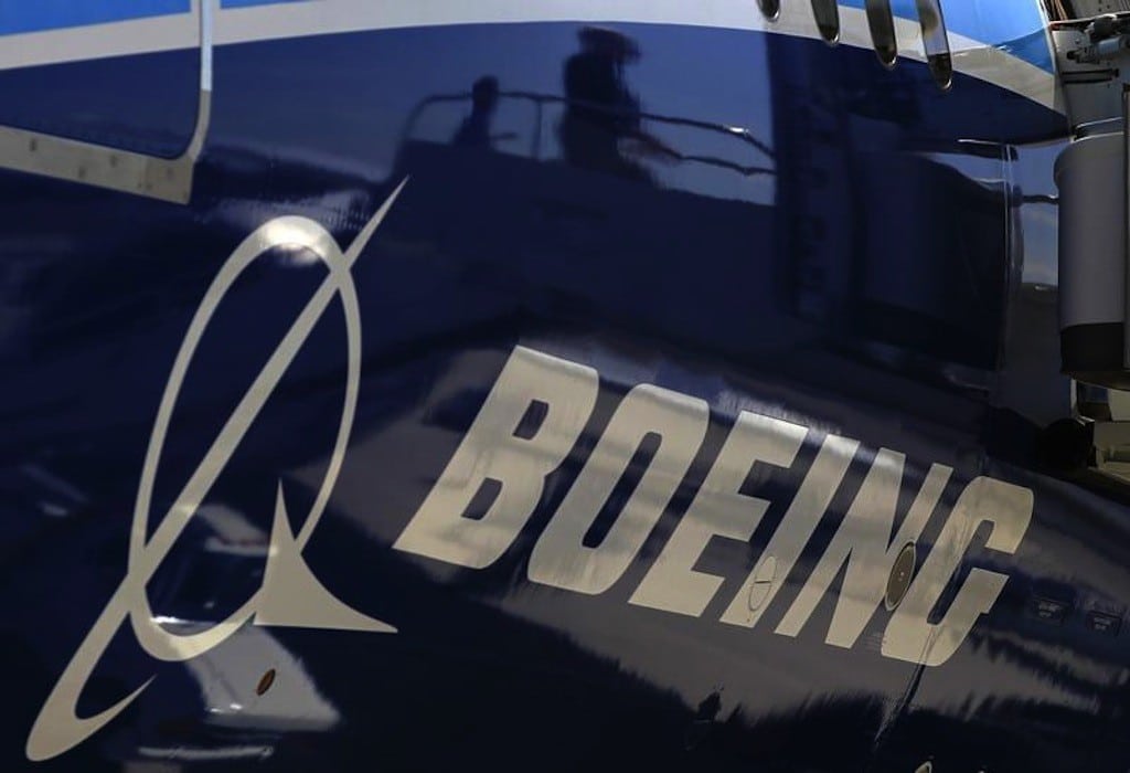 The Boeing logo as seen on a Boeing 787 Dreamliner airplane in Long Beach, California. 