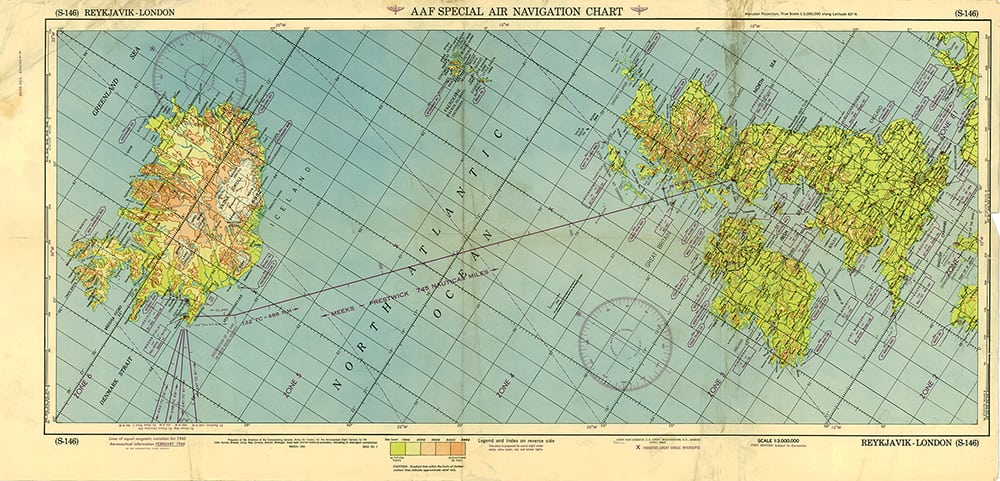 AAF Special Air Navigation Chart (S-145), Stephenville to Reykjavik, 1946, Scale 1:3,000,000