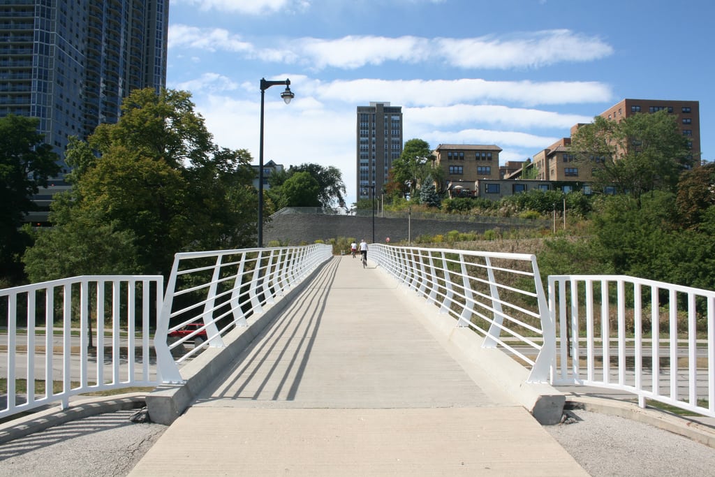 The Brady Street Pedestrian Bridge is an attractive walkway above the Lincoln Memorial Drive in Milwaukee, Wisconsin.  