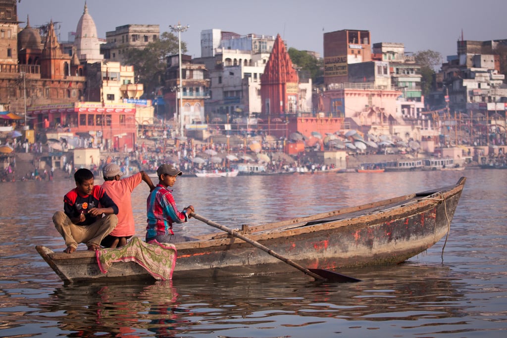 Early morning on the river in Varanasi, india. 