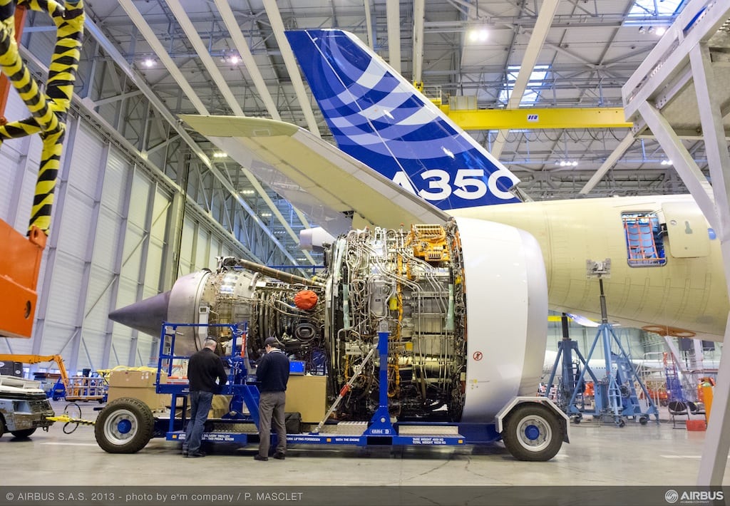The first flight-test A350 XWB has been fitted with its two Rolls-Royce Trent XWB engines at Toulouse, France, in preparation for the jetliner’s maiden flight this summer. 