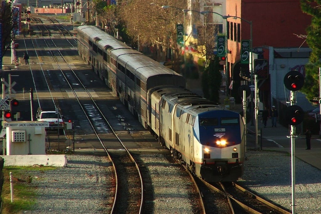 An Amtrak train arrives in Oakland, California. 