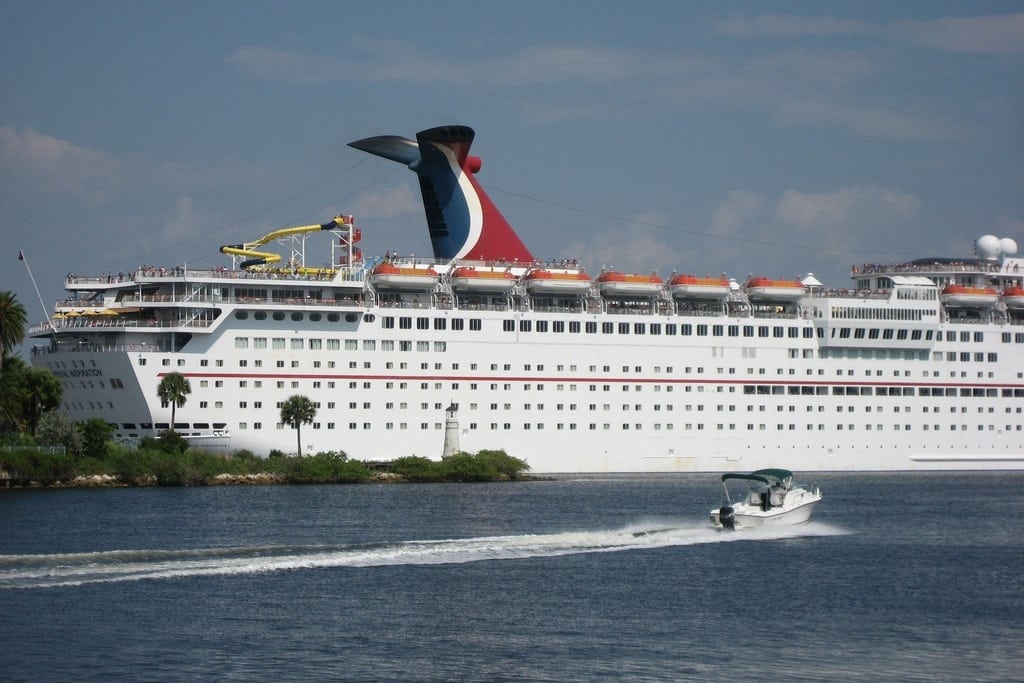 The Carnival Inspiration leaves Tampa, Florida through the Sparkman Channel. 