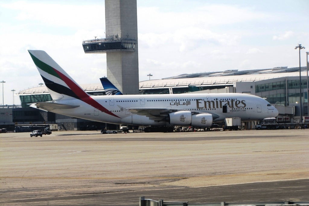 Emirates Airbus A38 sits at JFK Airport near New York City. 