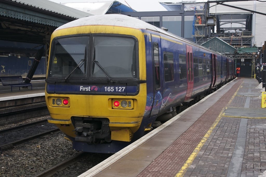 FirstGroup 165127 stands at Reading having just arrived on from Basingstoke, England. 