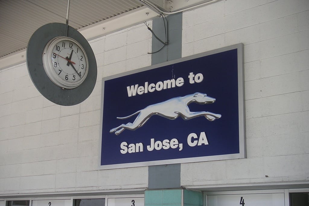 The welcome sign at the Greyhound bus station in San Jose, California. 