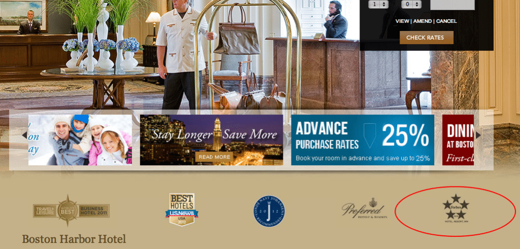 The Boston Harbor Hotel proudly displays its Forbes Travel Guide 5-star status on the hotel website homepage. 