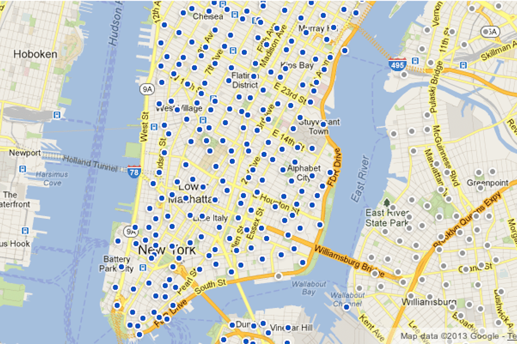 A map of the planned Citi Bike station locations throughout lower Manhattan. 
