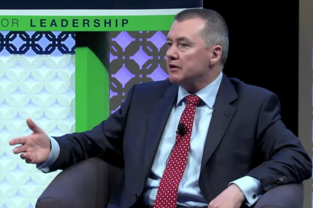 Willie Walsh sits on a panel at the WTTC summit on Tuesday, April 10, in Abu Dhabi. 