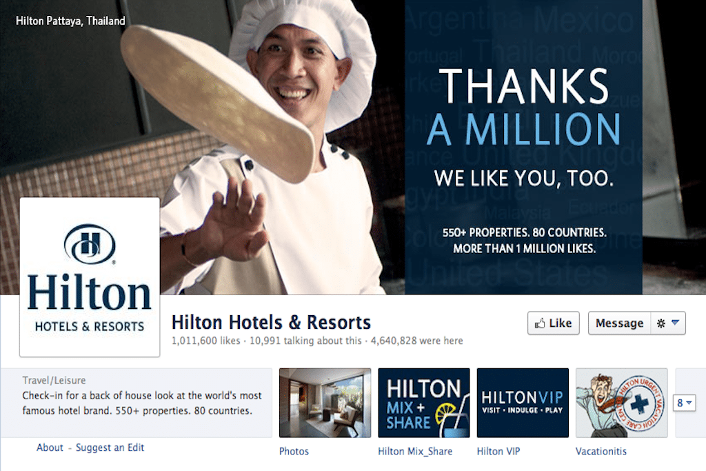 Hilton Hotel and Resorts' Facebook cover photo thanks its one million fans for helping it cross the milestone. 