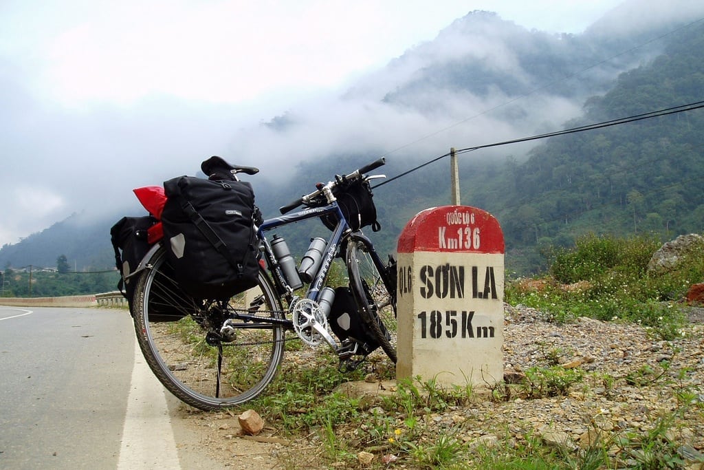 A cyclist stops in the Son La province of Vietnam on 1500 km cycling trip. 