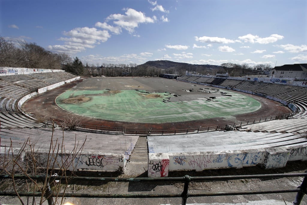 The deteriorating Hinchliffe Stadium, built as a public works project municipal stadium in 1932, in Paterson, New Jersey. 
