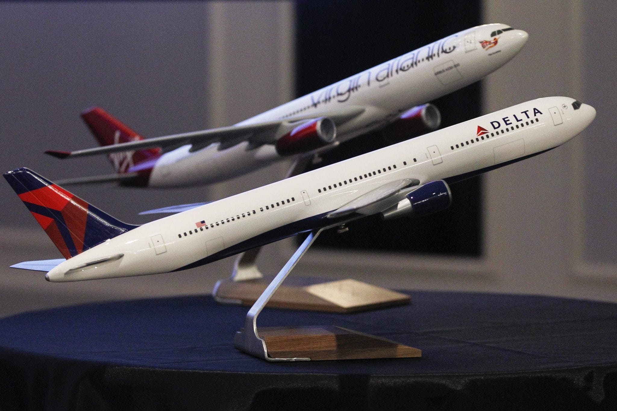 Aircraft models are seen following a New York news conference announcing Delta's deal to take a 49% stake in Virgin Atlantic. 