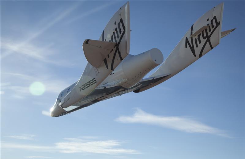 The Virgin Galactic SpaceShip2 glides towards Earth on its first test flight over Mojave, California.