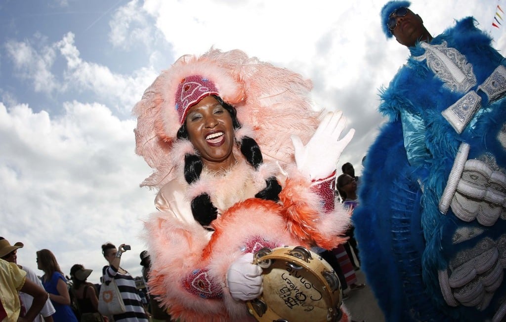 A Mardi Gras Indian parades during the New Orleans Jazz and Heritage Festival in New Orleans. 