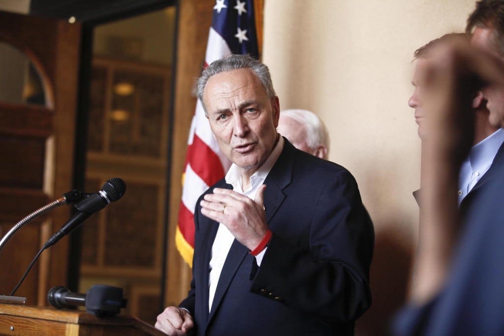 U.S. Senator Schumer answers questions during a news conference following their tour of the Arizona-Mexico border in Nogales. 