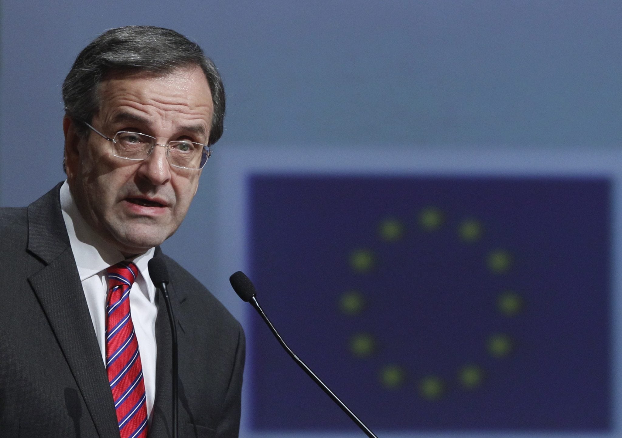 Greece's Prime Minister Antonis Samaras delivers his speech at the Athens Concert Hall.