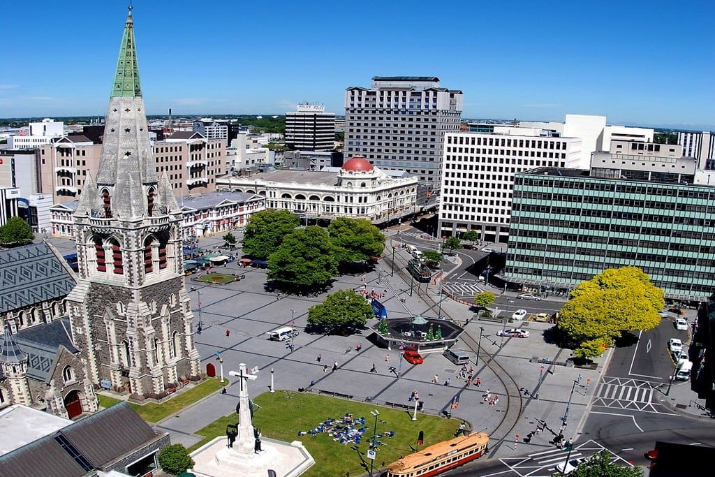 The heart of Christchurch is Cathedral Square. This photo was taken before the 2011 earthquake, which caused some damage to the church. 