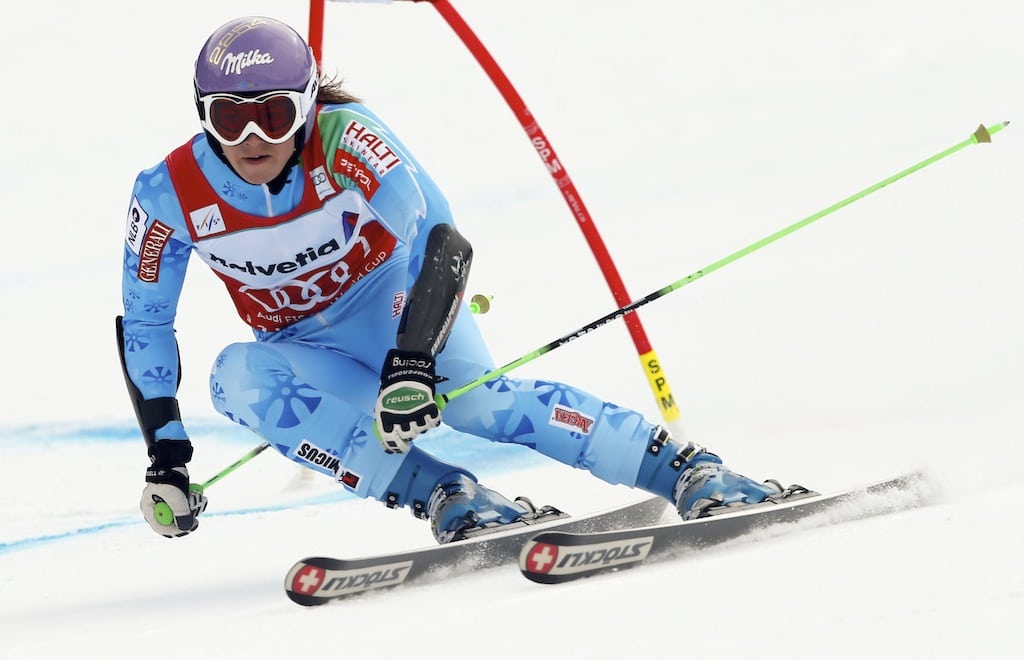 Tina Maze of Slovenia clears a gate during the season's last giant slalom race at the women's Alpine Skiing World Cup finals in Lenzerheide March 17, 2013. Liftopia wasn't there, but wants to bring modern technology to ski resort management. 