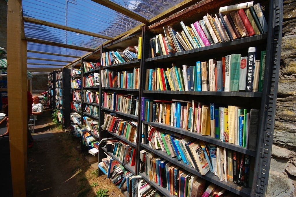 Stone, metal, and wood make up the bookcases that fill Hay-on-Wye, often described as "the town of books", in Powys, Wales. 