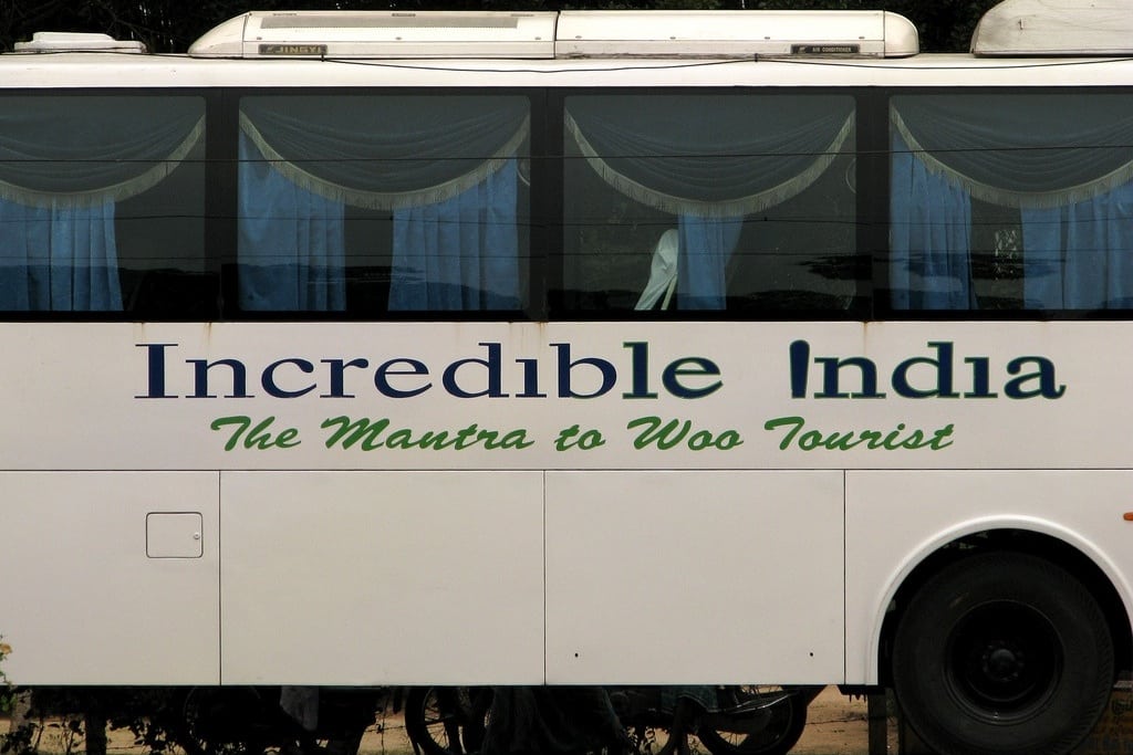 The "Incredible India" campaign is India's pre-eminent national campaign to woo tourists. Seen here on the side of a tour bus. 