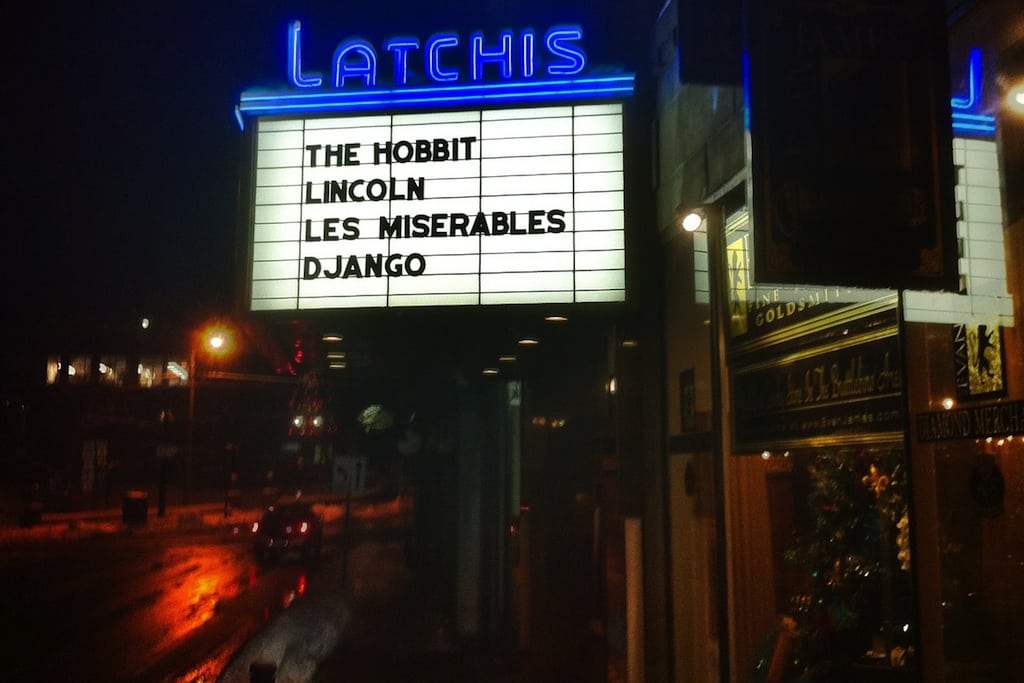 The Latchis Hotel puts up a marquee outside of the Latchis Theatre, both housed in the Latchis Memorial Building in Brattleboro, Vermont. 