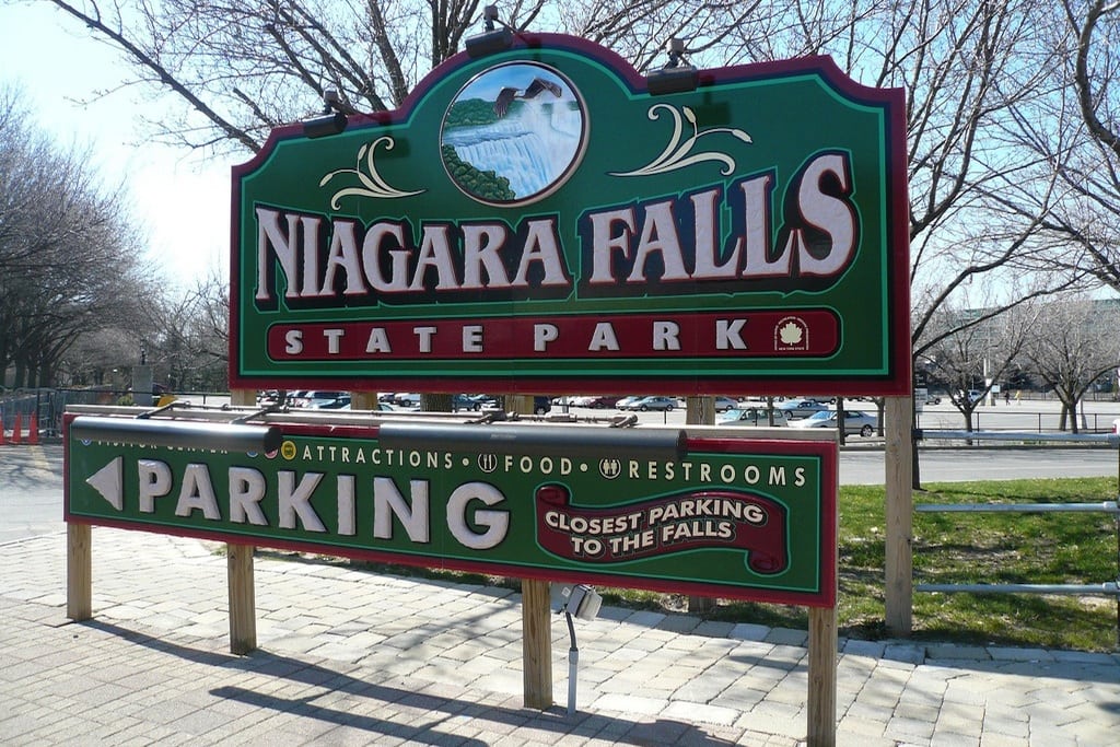 The entrance sign for Goat Island on the U.S. side of the Niagara State Park. 