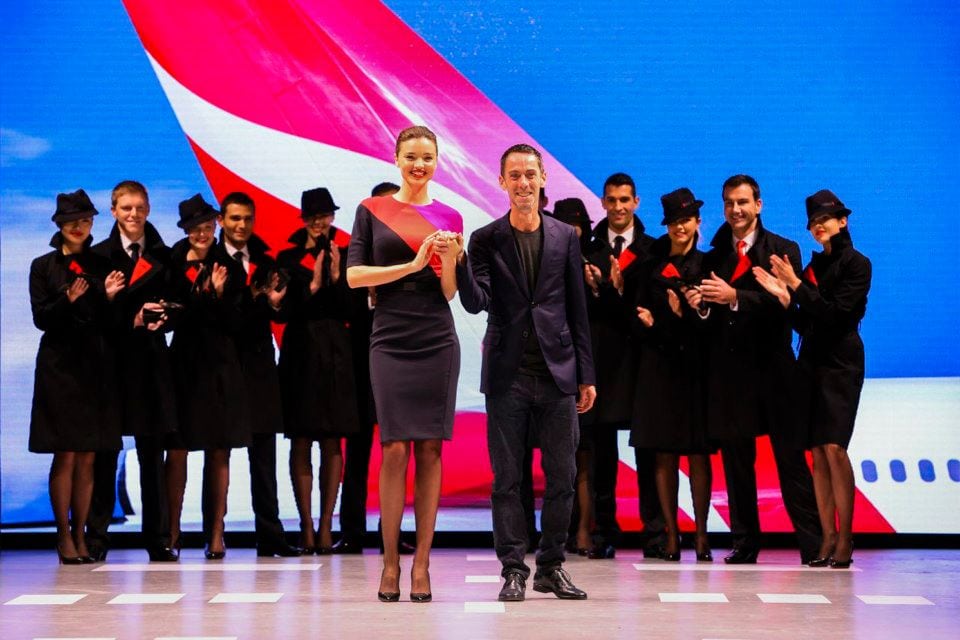 Model Miranda Kerr and designer Martin Grant at the debut of Qantas' new uniforms. 
