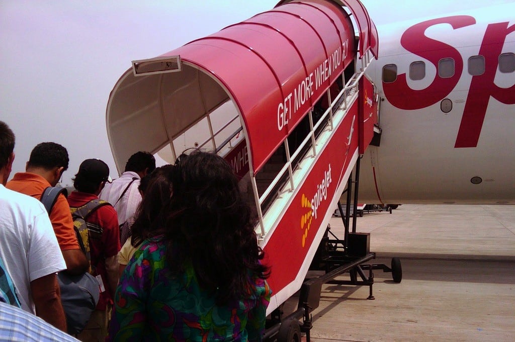 Passengers boarding a SpiceJet flight. 