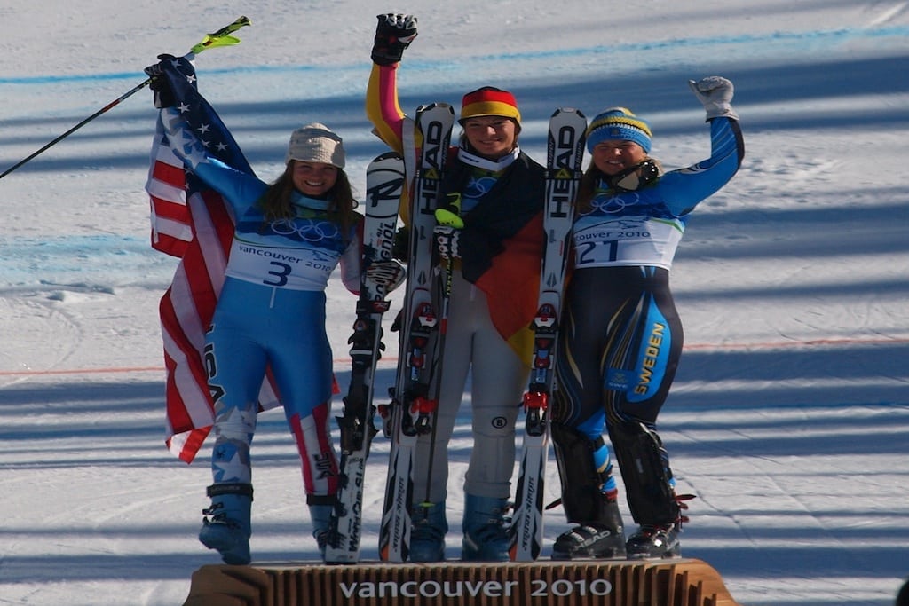 The 2012 Ladies Super Combined winners Julia Mancuso, Maria Riesch, and Anja Paerson in Vancouver.