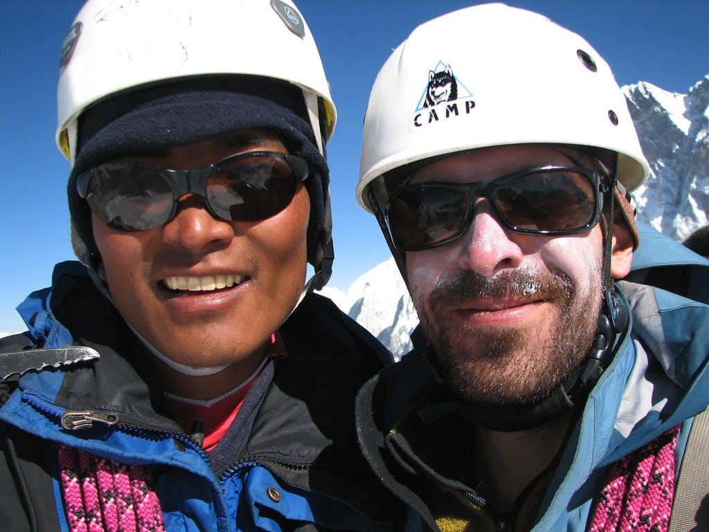 A Sherpa and his client on Island Peak, Nepal, in April 2007. 