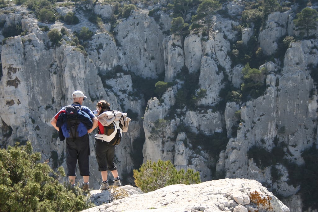 Hikers in the calanques east of Marseilles, France. 