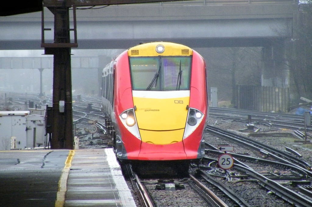 A Gatwick Express train approaching the airport station.