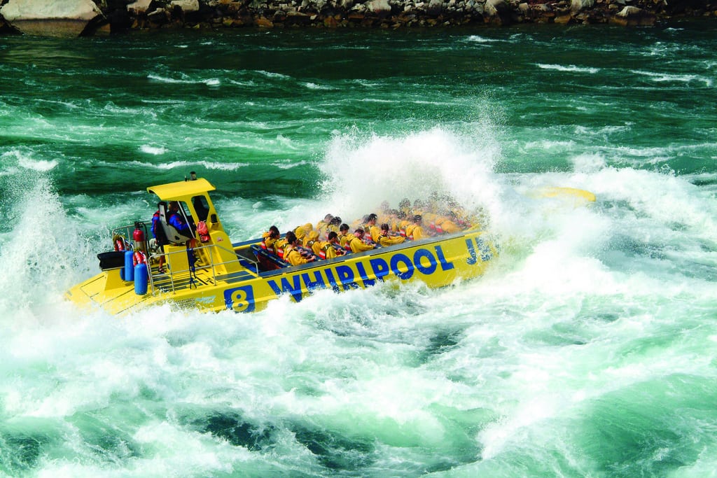 People get soaked on the Whirlpool Jet Boat tour ride and it travels through the Niagara River Gorge on the Niagara River. 