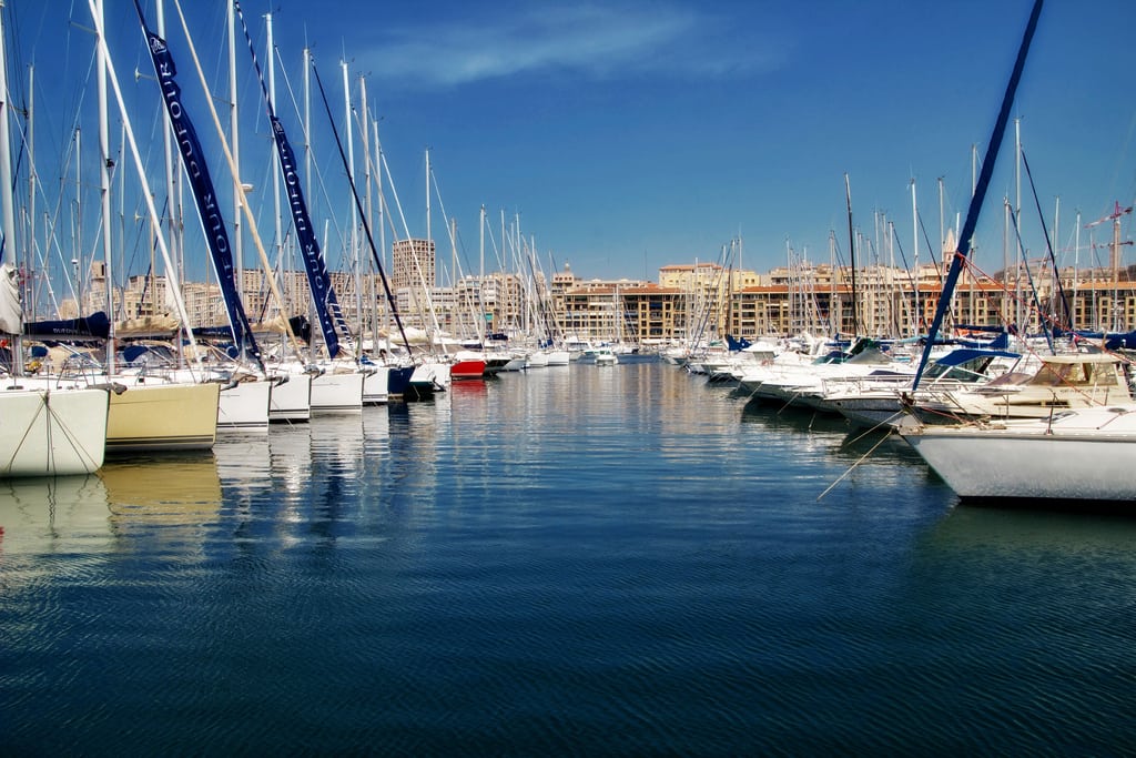 The quiet yacht port in old section of Marseilles, France. 