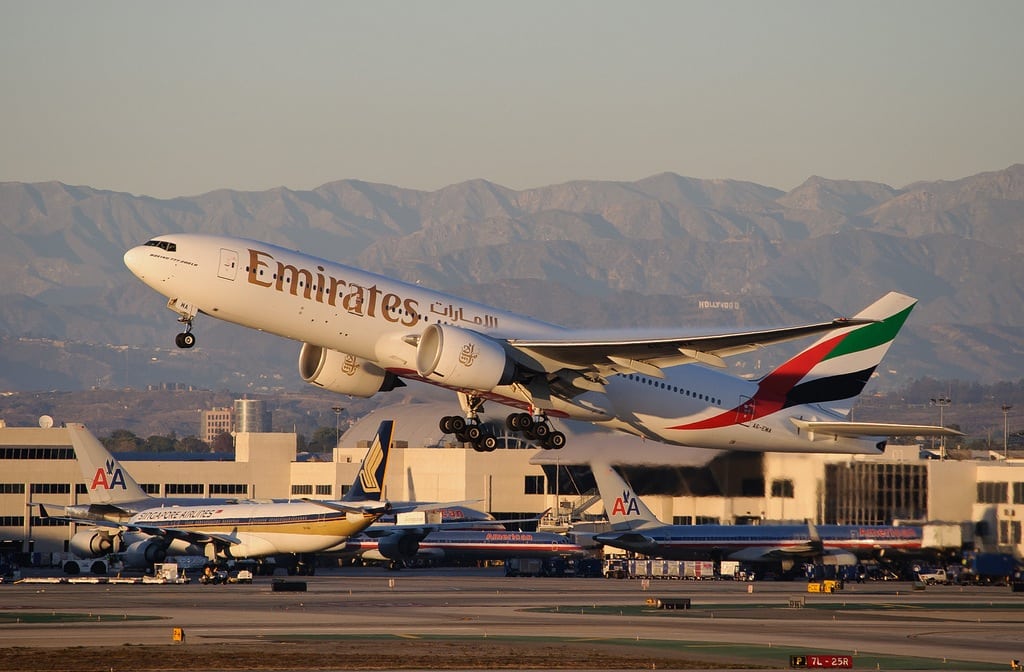 An Emirates Boeing 777-200LR takes off from LAX en route to Dubai.
