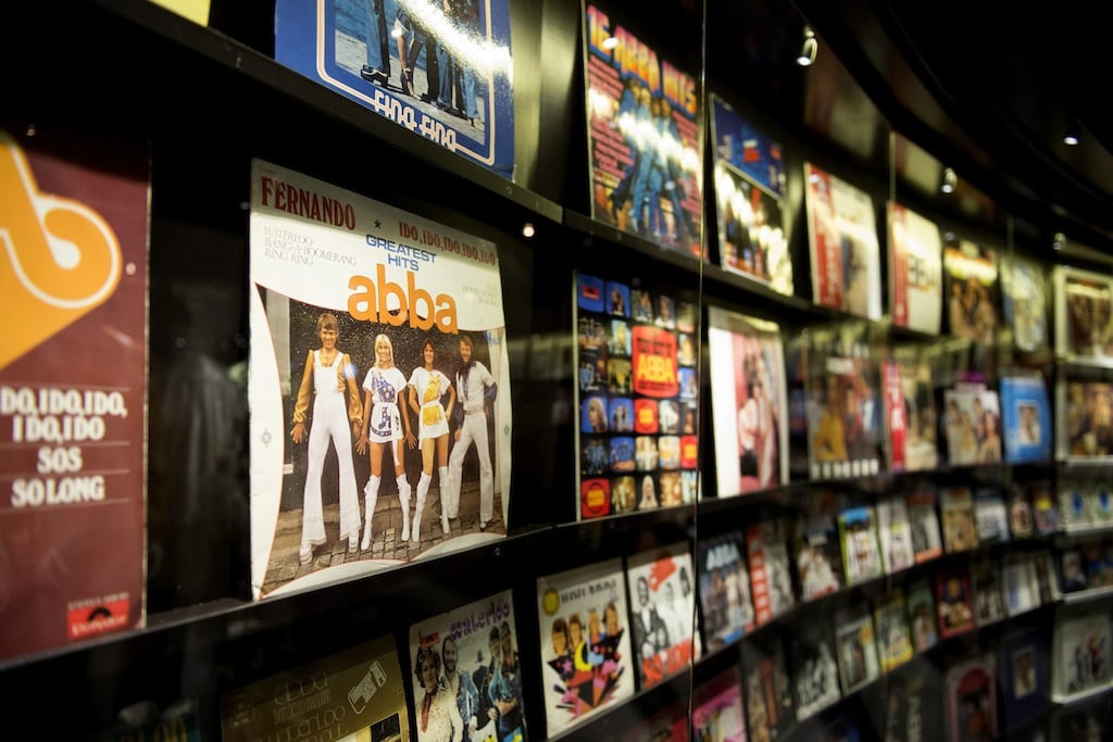 Records by legendary Swedish music group ABBA are seen during a press preview of 'ABBA The Museum' at the Swedish Music Hall of Fame in Stockholm, May 6, 2013. 