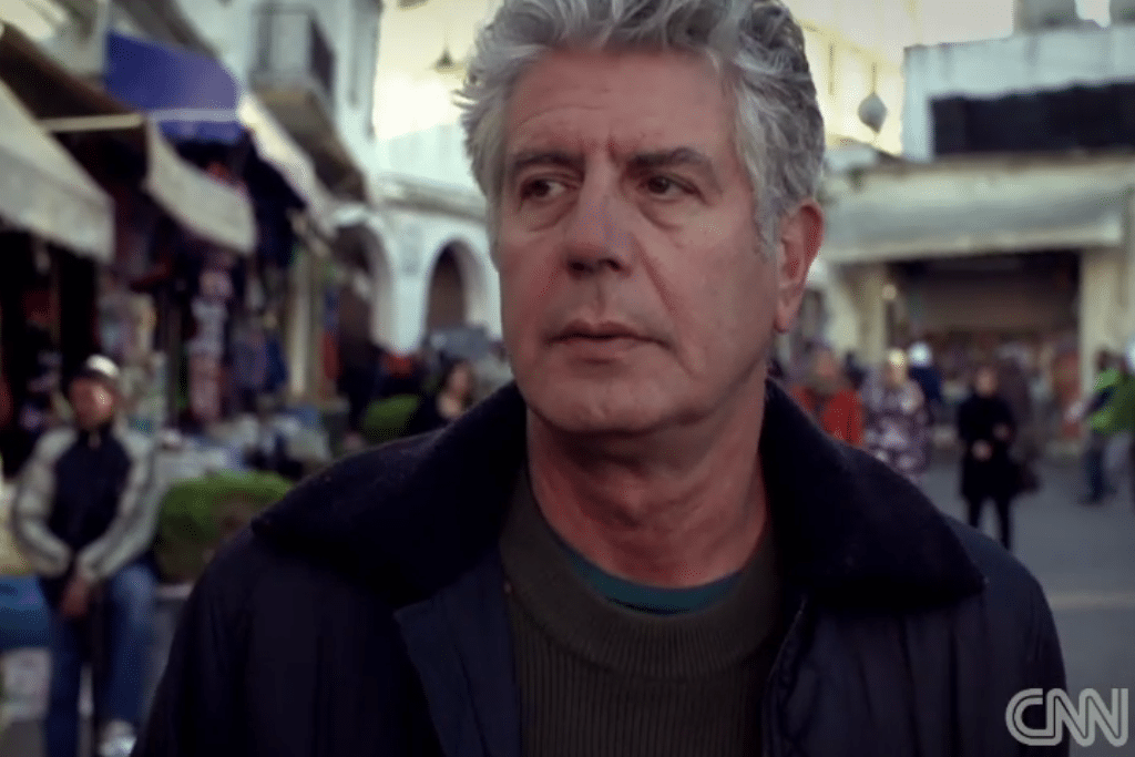 Anthony Bourdain explores the souk in Tangier, Morocco, where he buys goat cheese wrapped in palm leaves. 