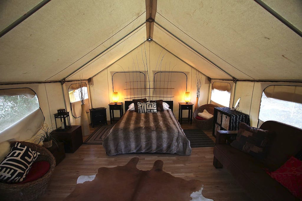 One person's glamping adventure is another's outing in a souped-up tent. This  glamour tent is part of the 'glamping' experience at Ventura Ranch in Santa Paula, California.  