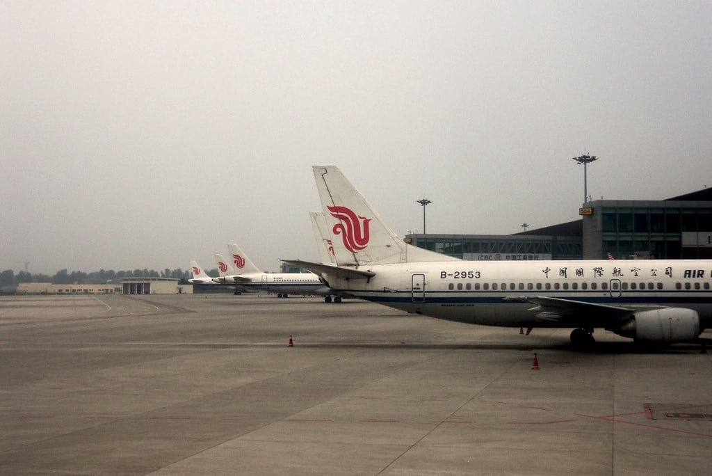 Air China planes lined up at the gates of Beijing Capital International Airport. 