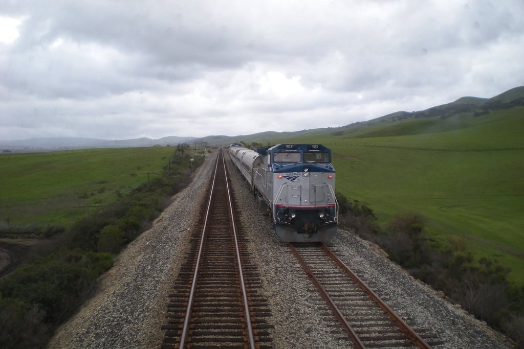 Amtrak Locomotive 503 pulling up the rear of the passing Amtrak 792 from San Luis Obispo to Los Angeles. 