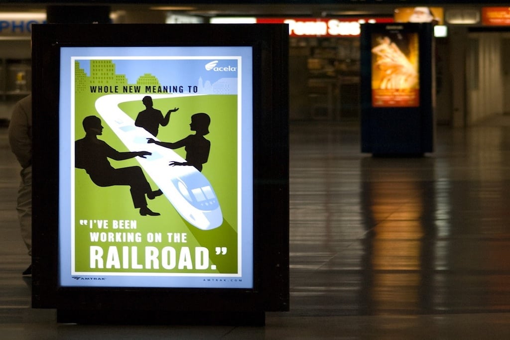A poster in Penn Station from when Amtrak first rolled out Wi-Fi and started advertising to business travelers. 