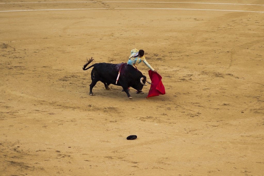 Spanish bullfighter David Galan performs with a Jose Escolar's ranch fighting bull during a bullfight of the San Isidro fair at Las Ventas bullring in Madrid, Monday, Daniel Ochoa de Olza