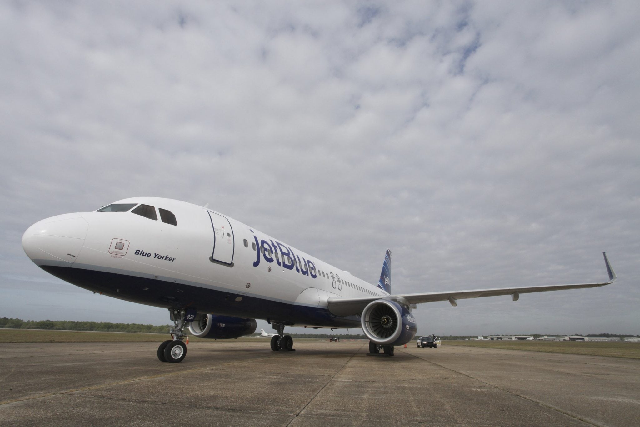 A JetBlue Airbus A320 air plane is pictured on the tarmac at a ground breaking ceremony for the first Airbus U.S. assembly plant in Mobile. 