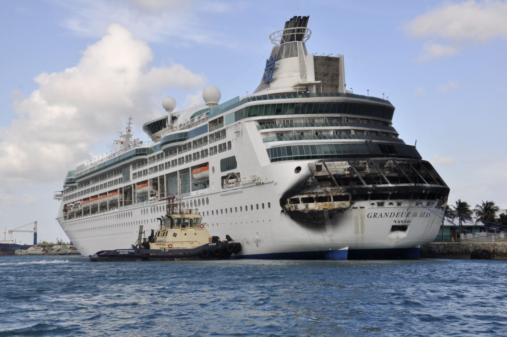 Damage on the Royal Caribbean ship Grandeur of the Seas is pictured as the ship is docked in Freeport. 