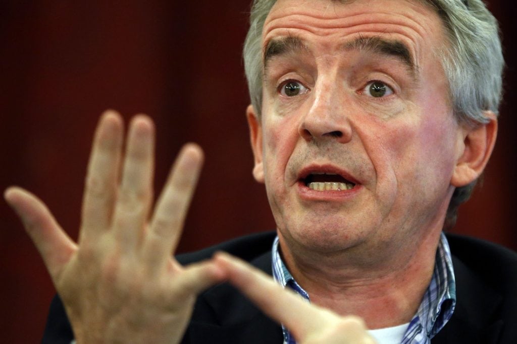 Ryanair CEO Michael O'Leary gestures during a news conference in Madrid. 