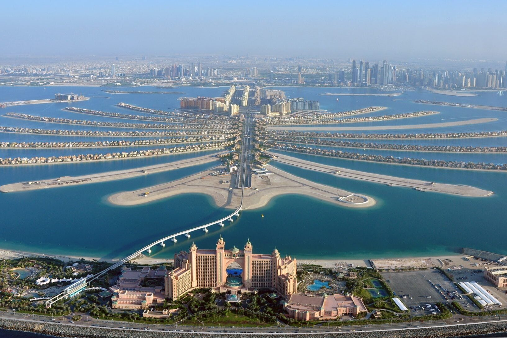 Aerial view of Atlantis hotel seen with the existing Palm Jumeirah island in Dubai.