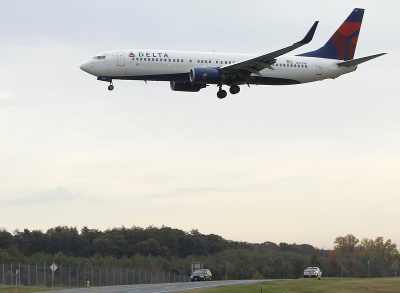 A Delta Air Lines jet lands at BWI Thurgood Marshall International Airport near Baltimore, Maryland. 